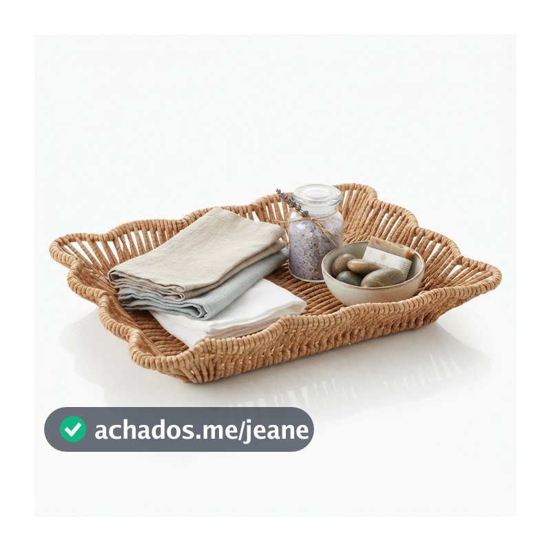 Cesta de Rattan Lyor Botânica 26x20x5cm Natural Organizadora Bandeja Baixa para Pães Frutas Chaves Cozinha Banheiro Boho