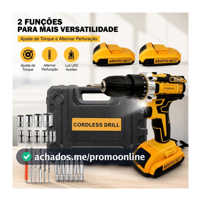 Parafusadeira Furadeira 48V Íon-Lítio Sem Fio, 2 Baterias, Maleta Resistente e Kit Completo de Acessórios
