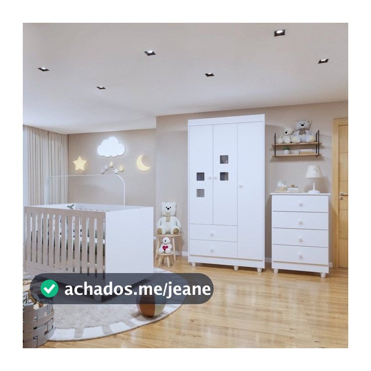 Quarto de Bebê Completo 100% MDF com Guarda Roupa 3 Portas, Cômoda e Berço Mini Cama Life Branco