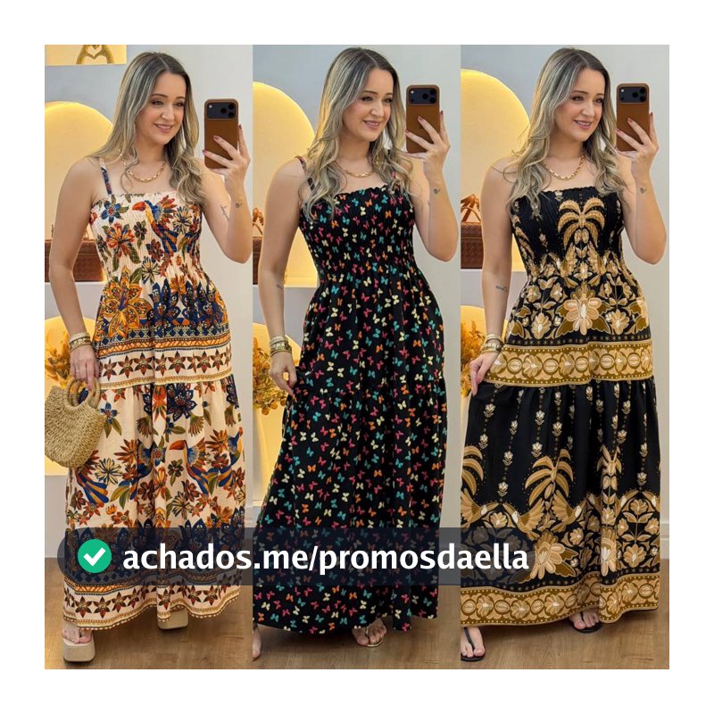Vestido Feminino Longo Estampado Com Alça De Regulagem e Elastex