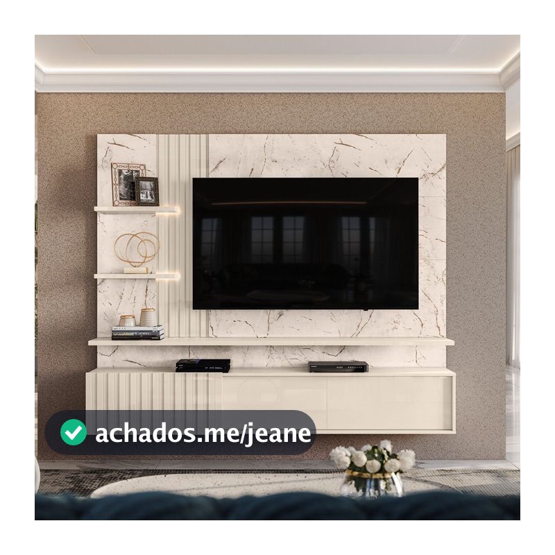Painel Ripado para TV até 65 Polegadas com LED 2 Portas 167,5x200cm Atena Yescasa Branco Calacata/Offwhite