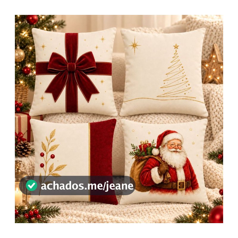 Kit 4 Capas de Almofada Decorativas Natalinas Decoração Natal Papai Noel Sala e Sofá 45x45