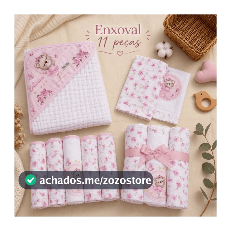 Kit Enxoval Bebê 11 Peças Toalha Capuz Cueiros Flanelados Fraldas Pano Paninho Boca 100% Algodão Recém-Nascido Presente