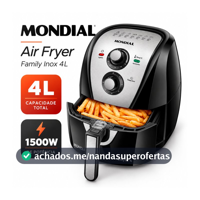 Fritadeira Air Fryer Mondial 4L 1500W Sem Óleo Cesto Antiaderente Timer AFN-40-BI