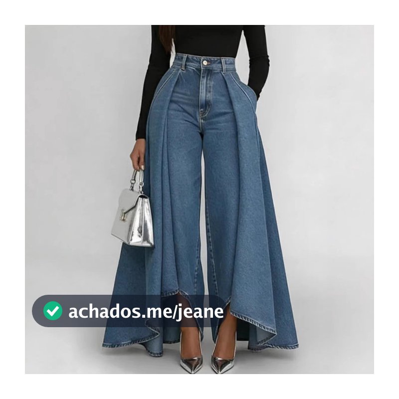 Novo estilo grande bainha longa cor sólida Casual imitação Denim impressão botão calças retas