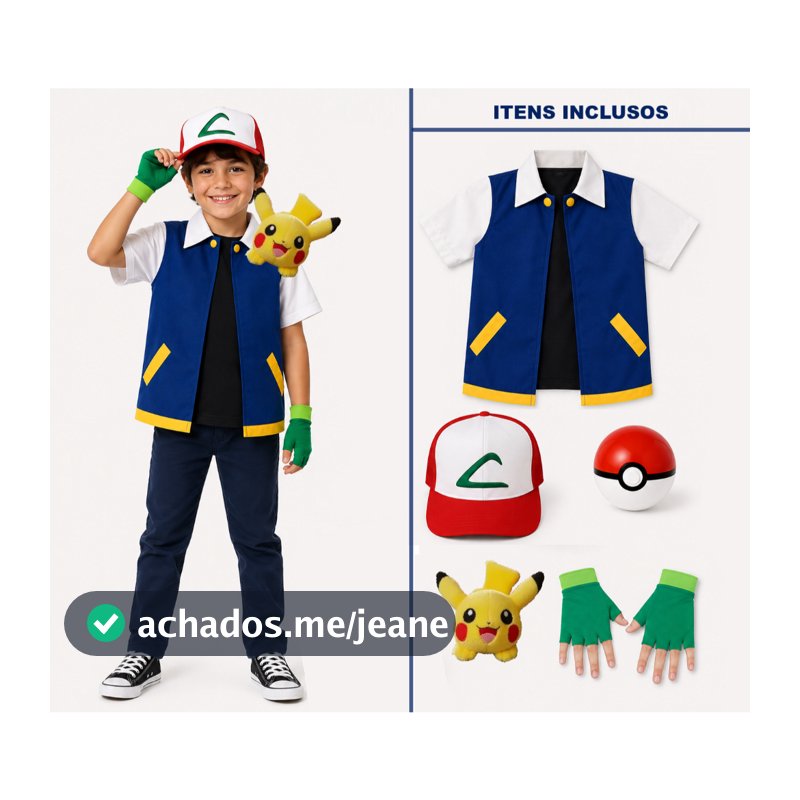 Fantasia Ash Pokemon Colete + Bone + Luva e Pelucia Pikachu Infantil e Adulta