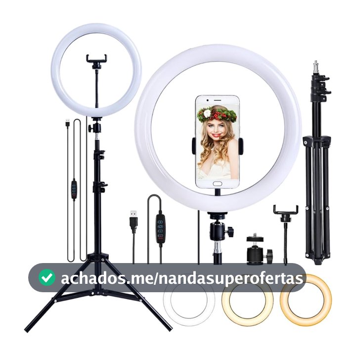 Ring Light Led Iluminador 26cm 10/12 Polegadas Para Fotos e Videos Compatível Para Tripé 210cm