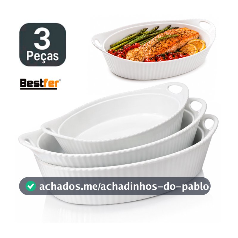 Conjunto Jogo de Travessas 3 peças Oval em Melanina Bestfer PMG Branca opaline Saladeira