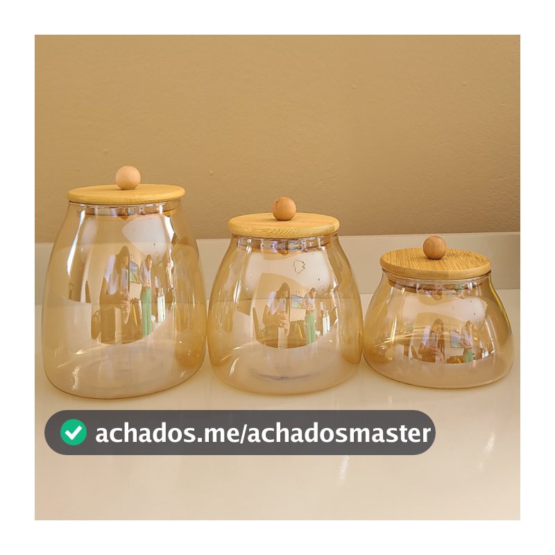 Kit Potes de Vidro com Tampa Bambu Dourado ÂMBAR BOLINHA Hermético Porta Mantimentos organização cozinha decoração