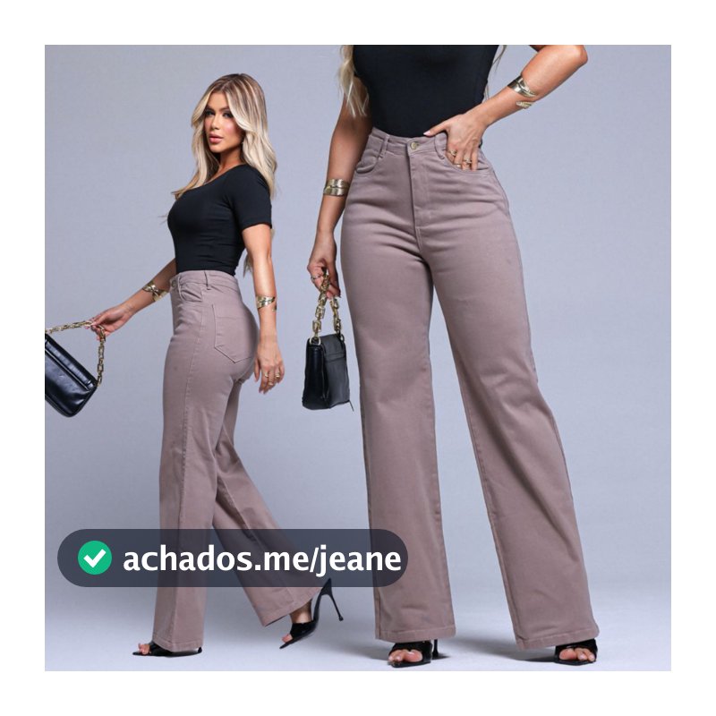 WIDE LEG JEANS FEMININA COM ELASTANO PANTALONA CINTURA ALTA  PREMIUM BEGE