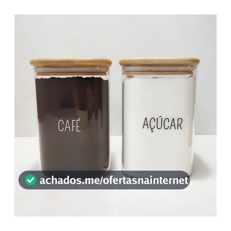 Kit 2 Potes Hermético Vidro Quadrado Personalizado Resistente 1,1 Litros Tampa de Bambu Café Açúcar