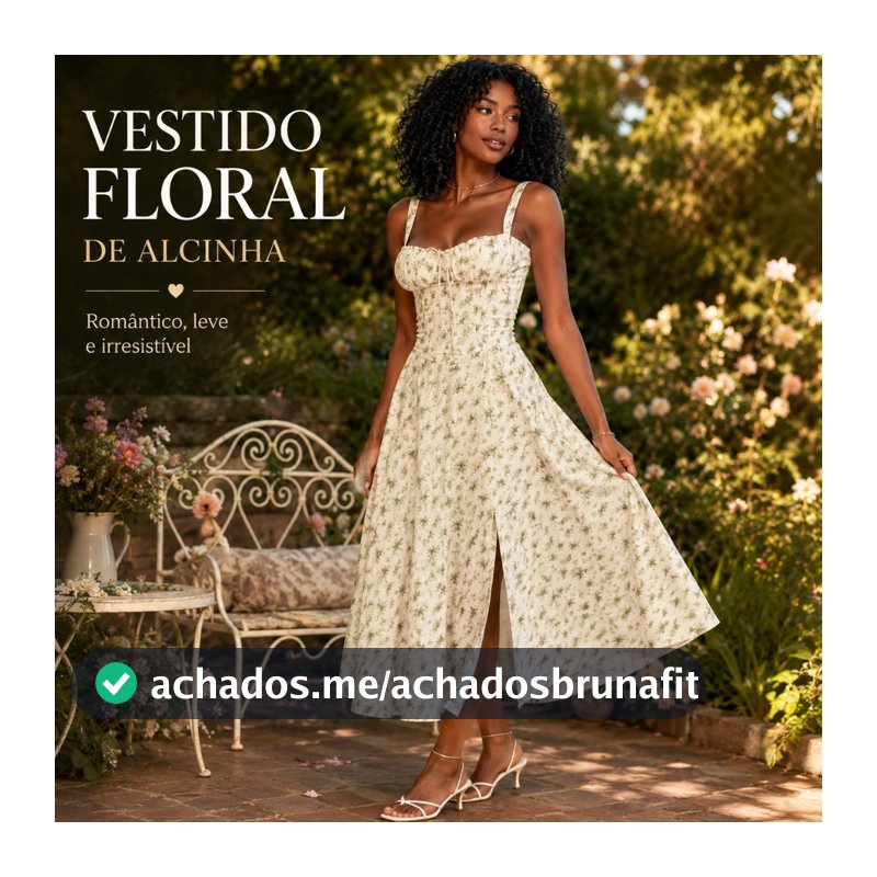 Vestido Midi Floral Feminino Off White Estampa Verde/Cáqui ao fundo Decote Coração Primavera Verão