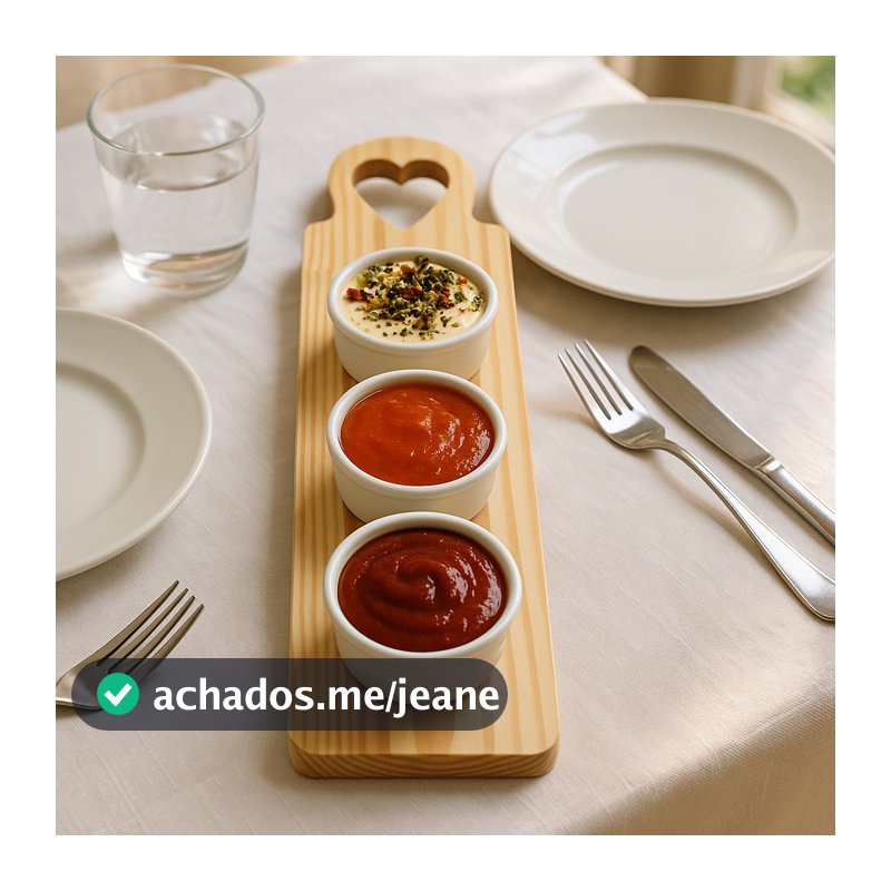 Kit Para Molhos Com Trio De Ramequim Branco de Porcelana com Tabua de Madeira Pinus