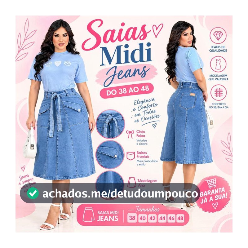 Saias Midi Jeans Evasê Clara com Cinto Jeans Bolsos Frente Moda Evangelica Gospel Cristã