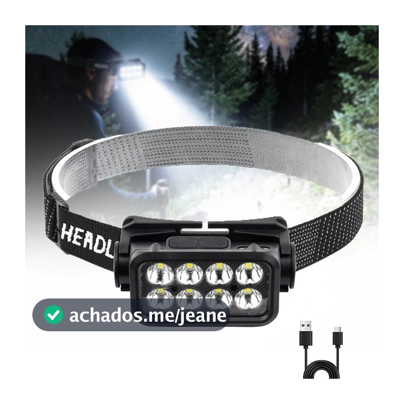 Lanterna de Cabeça Recarregável com Sensor, 8 LEDs, 5 Modos, Tipo-C, para Pesca, Camping e Trabalho