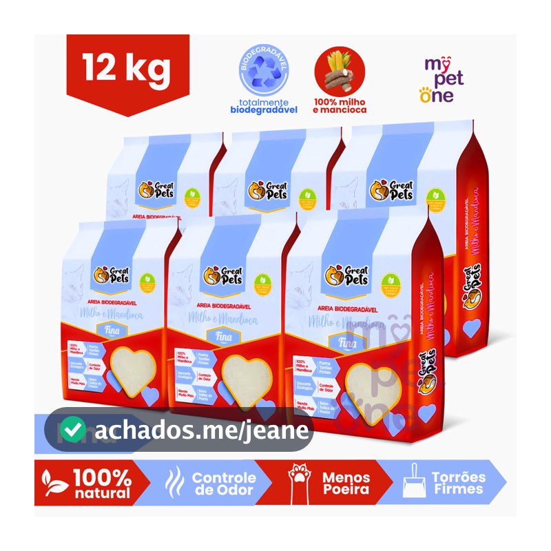 Kit 6 Areia Biodegradável Fina Great Pets - 2 Kg