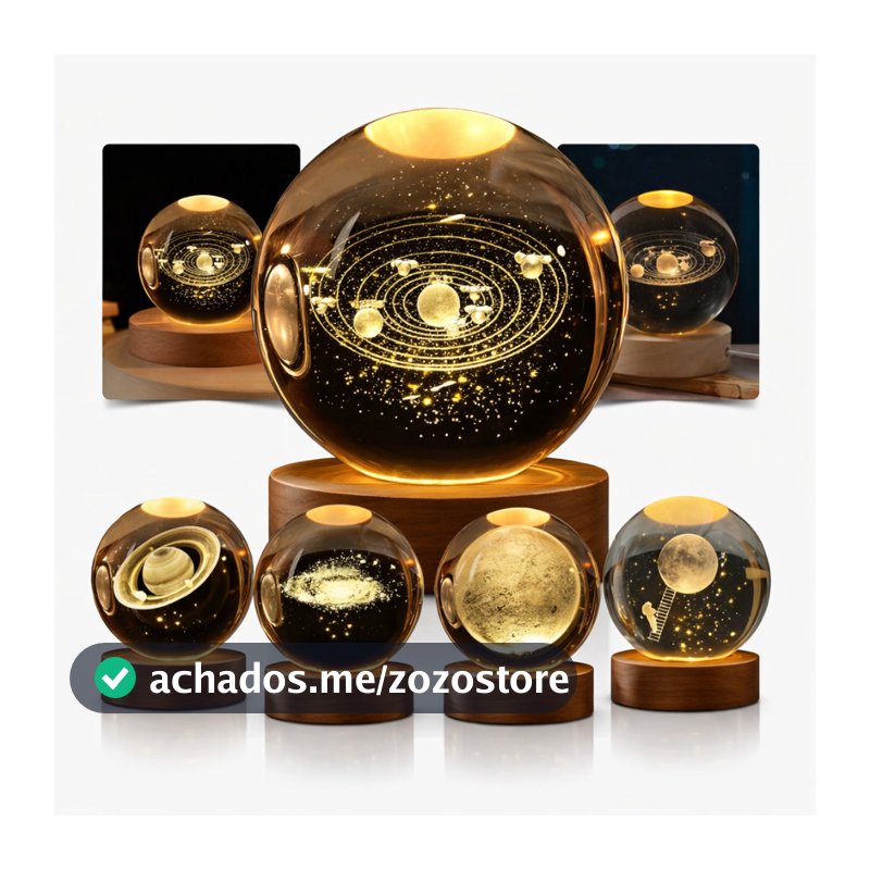 Luminária LED USB Globo de Cristal 3D 8cm Sistema Solar Lua Astronômica Decoração Quarto Abajur