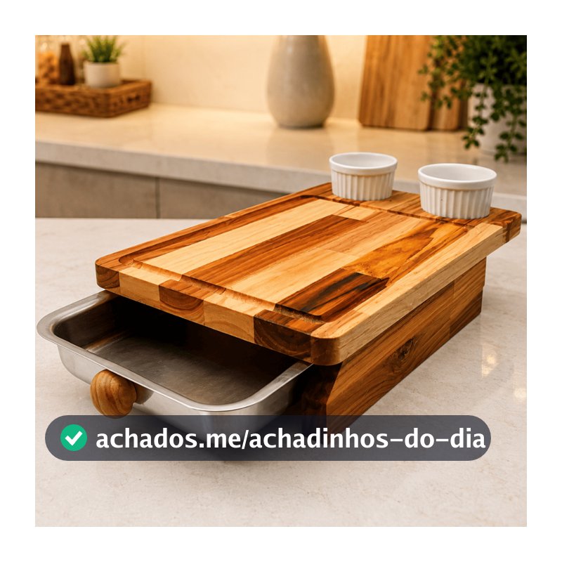 Tábua para Churrasco em Madeira Teca com Gaveta de Alumínio e Molheira Dupla para Carnes e Petiscos