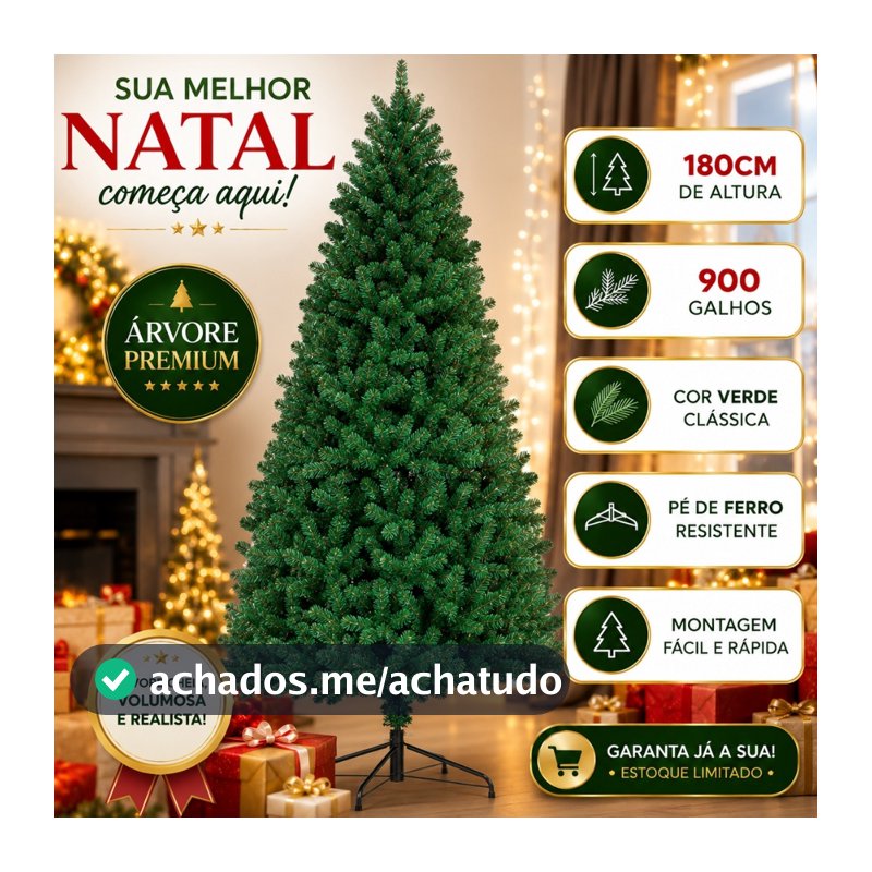Arvore De Natal 1,80m 900 Galhos Pinheiro Luxo Cheia Galhos Reforçados Verde Tradicional Pé De Ferro Decoração Natalina