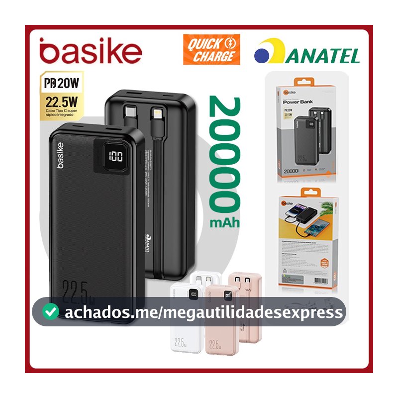 Basike Carregador Portátil Power Bank 20000mAh Bateria Externa Para iPhone Samsung Pow079