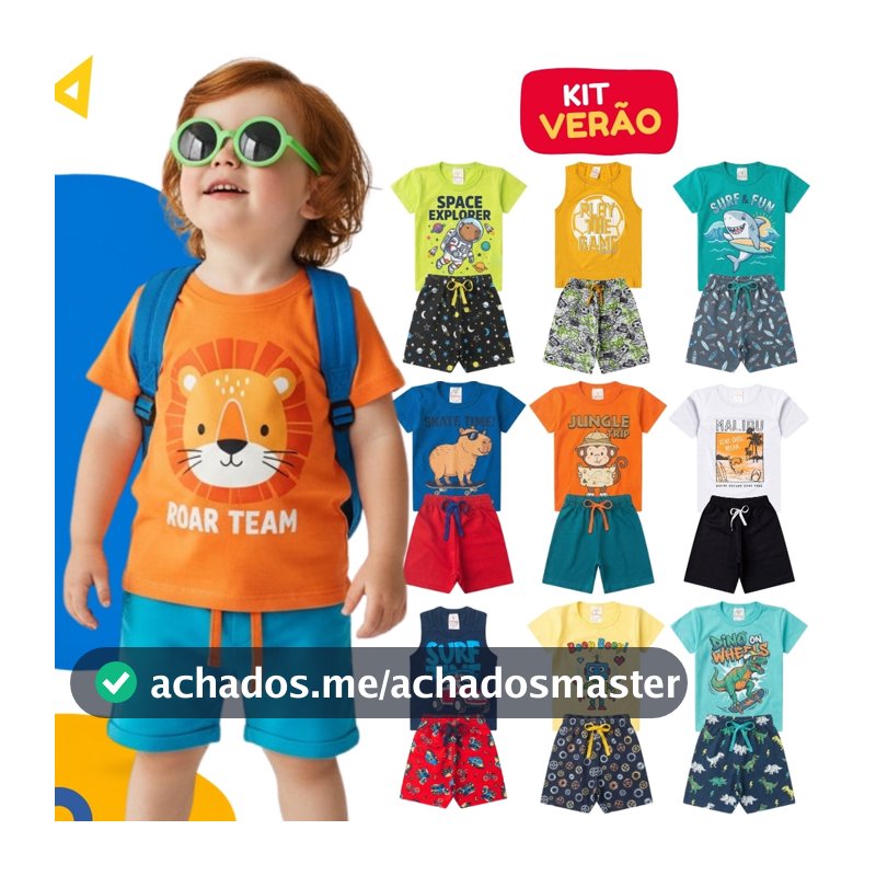Kit 10 Peças de Roupa Infantil Menino Verão Algodão 5 Camisetas + 5 Bermudas 1 ao 14