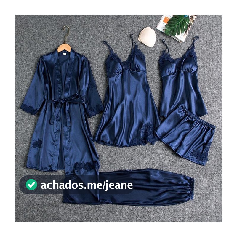 Conjunto De Camisola De Seda De 5 Peças , Pijama Feminino Algodão Com Decote Em V , Parte Superior E Inferior