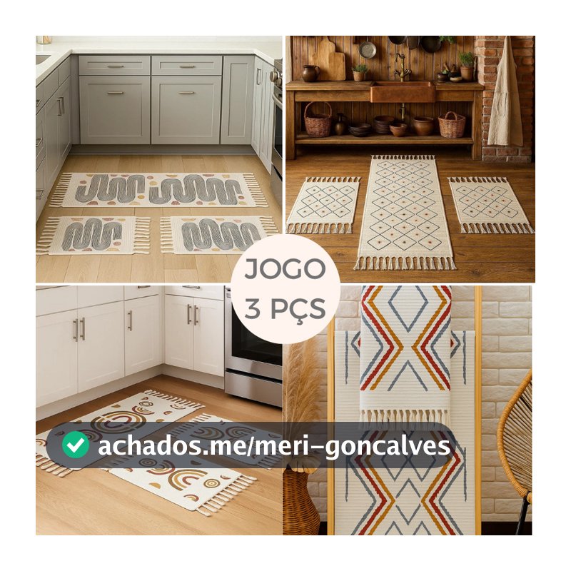 Jogo 3 Tapetes Cozinha Algodão 100% com Passadeira Geométrica Decorativa Para Pia, Fogão, Corredor e Área Gourmet