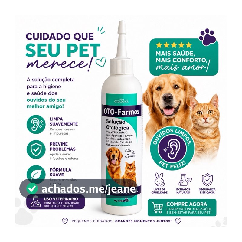 Oto Farmos 100ml Solução Otológica Limpa Orelhas e Ouvidos Para Cães e Gatos Vet Farmos
