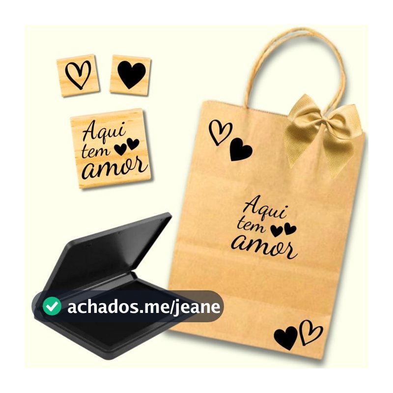 Kit 3 Carimbos Aqui tem amor carimbo coração para decorar sacolas embalagem caixas tags pacote papel