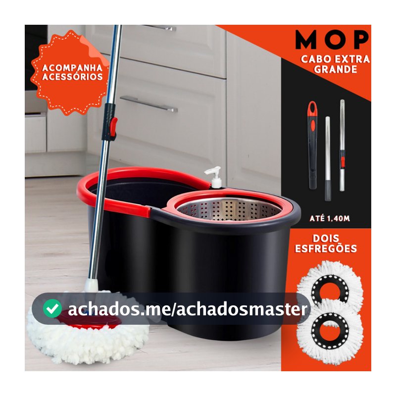 Mop Giratório 360 Cabo 140cm Balde Centrífuga Cesto Inox 14L 2 Refis Microfibra Esfregão Spin