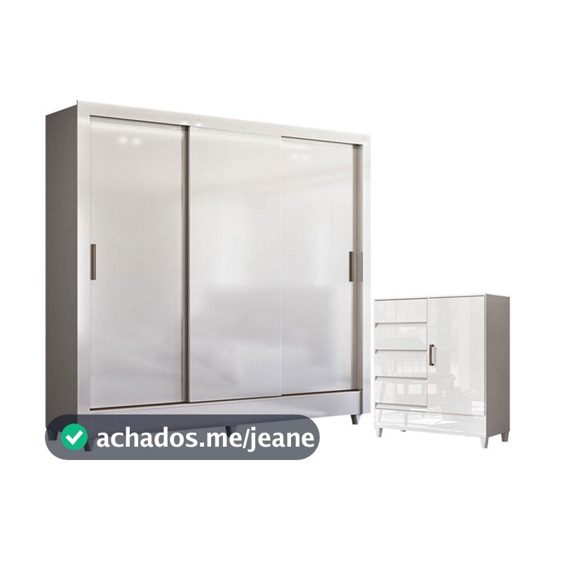 Guarda Roupa Casal Itália 3 Portas com Pés e Cômoda 1 Porta 4 Gavetas Fit Branco Brilho - Santos Andirá