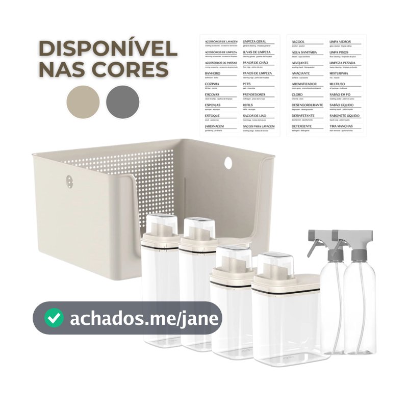 Kit Para Lavanderia 7 Peças Cesto Organizador Dispenser Sabão Borrifador e Etiquetas