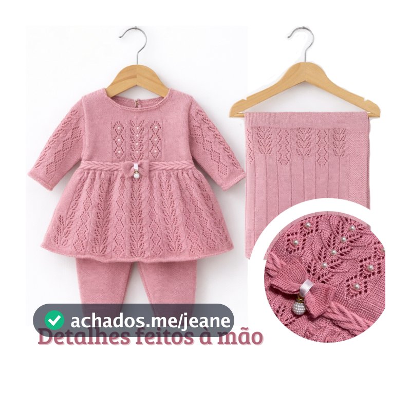 VESTIDO CALÇA E MANTA PEROLAS TRICOT SAIDA DE MATERNIDADE LUXO RN ENXOVAL