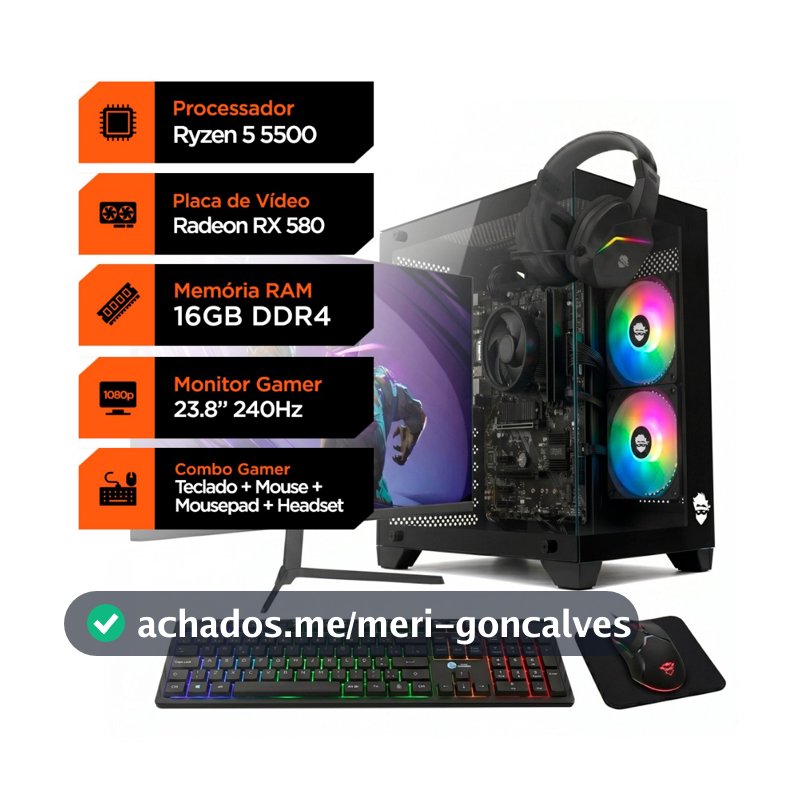 PC Gamer Soldier, Ryzen 5 5500, RX 580 8GB, 16GB DDR4, SSD 240GB + Monitor Superframe 240Hz + Combo Gamer