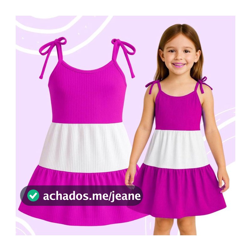 Vestido Rosa e Branco Infantil Alça de amarrar tecido canelado Verão
