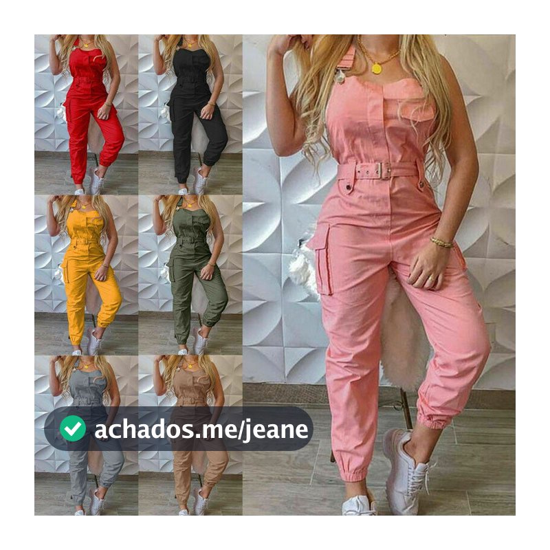 Macacão macaquinho jardineira de carga longo feminino com bolsos no cinto e alça de ombro amarrada no tornozelo