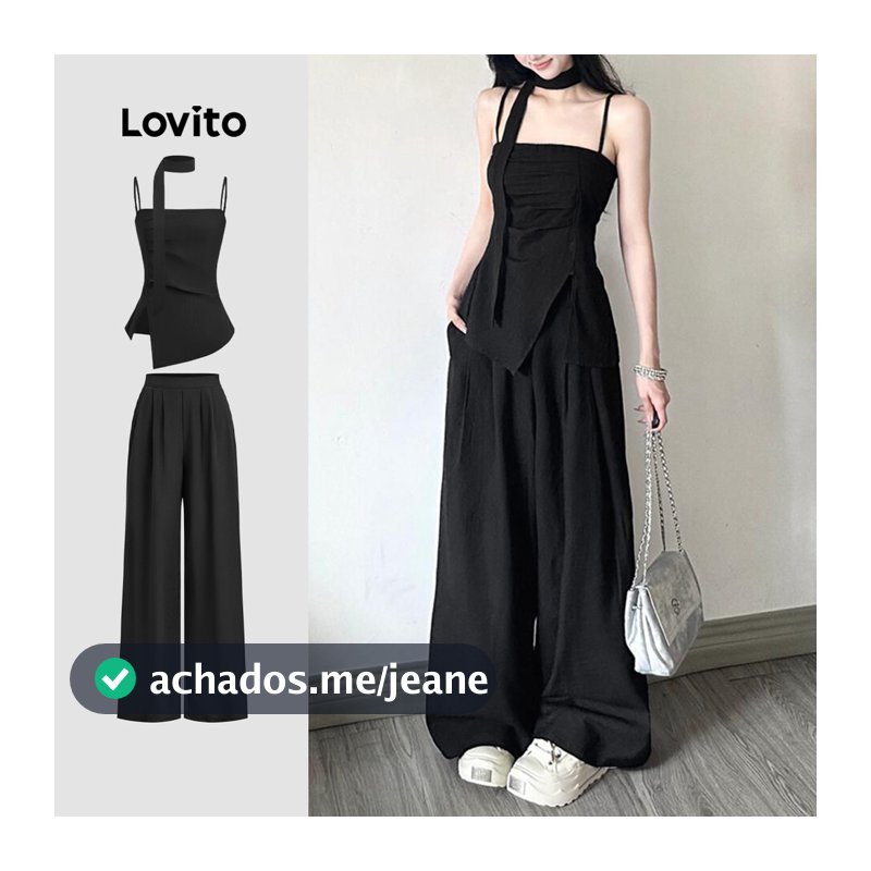 (NEW) Lovito Casual Fita Calças Pretas Primavera/verão Conjunto de com Feminino L142LD229