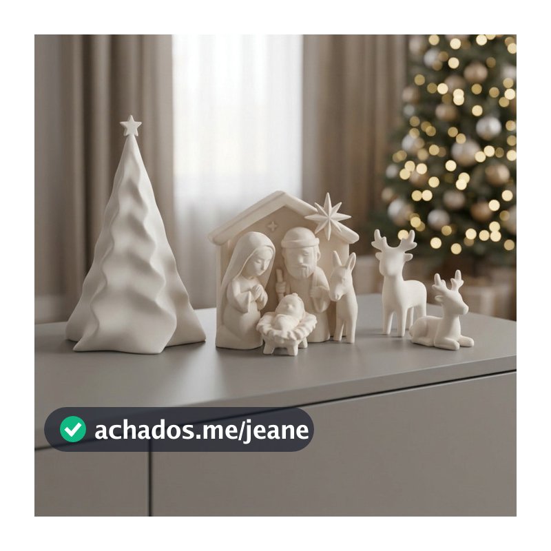Decoração Natal Clean Kit 5 Peças Presépio Árvore 3 Renas Branco Neve Estilo Escandinavo Moderno
