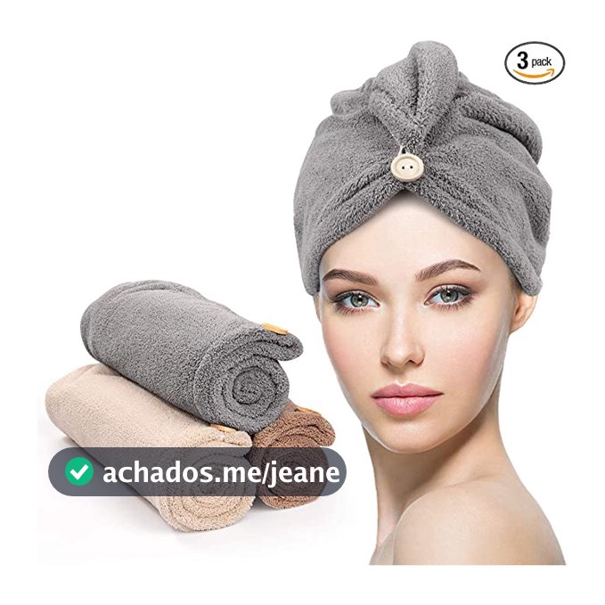 Kit C/3 Toalha Microfibras Com Botão Grossa Mágica Para Cabelo Secar Rápido Touca Banho Casa Promoção