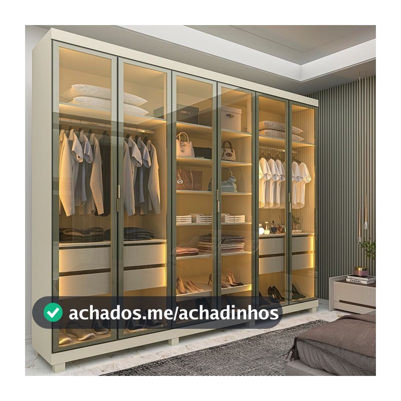 Guarda-Roupa Casal 6 Portas, com 6 Portas Reflecta com Pés com LED Imperatriz 100% MDF Yescasa Off White Off White