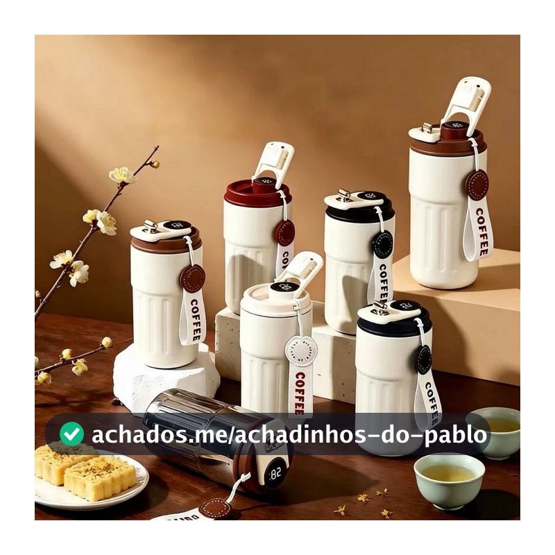 Copo Térmico de Cafe 450 ml Inox com Display Digital Tampa Trava Mantém Bebidas Quentes ou Frias