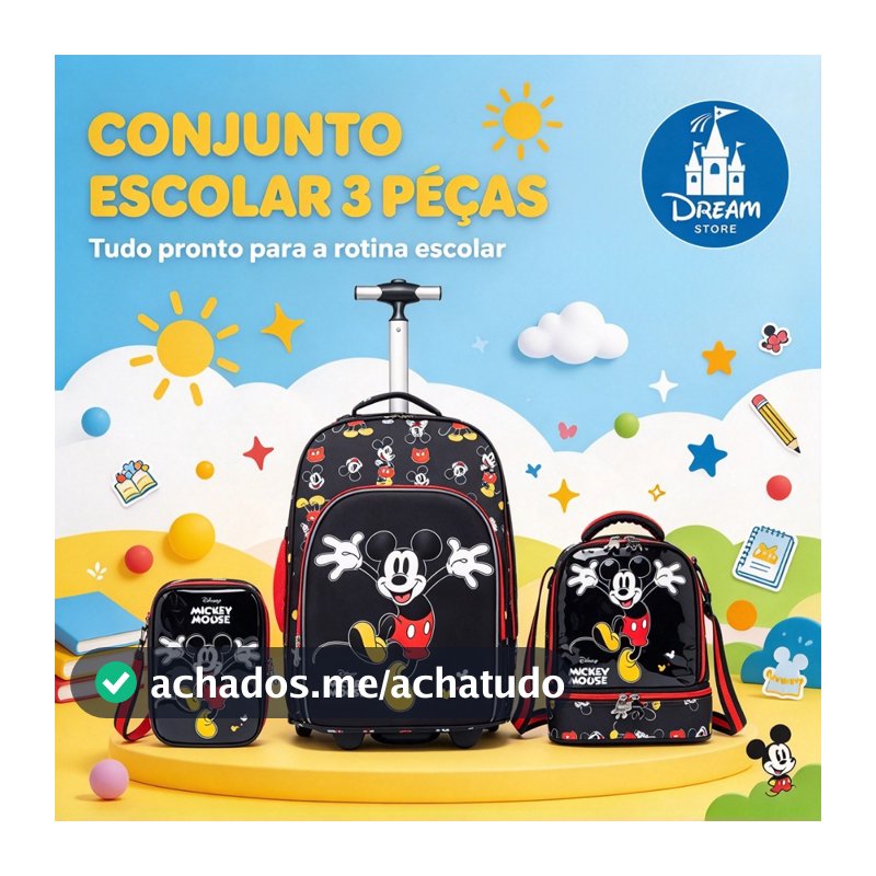 Kit Mochila Rodinhas Lancheira Estojo Mickey Mouse Escolar Infantil