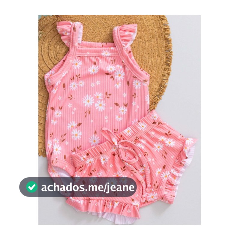 Conjunto de Bebê Canelado Infantil Verão Body e Shorts Estampado com Babado Menina