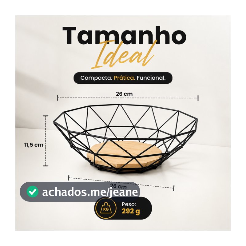 Fruteira de Mesa Diamond Preta com Base Madeira em Aço Decorativa para Cozinha Bancada e Frutas