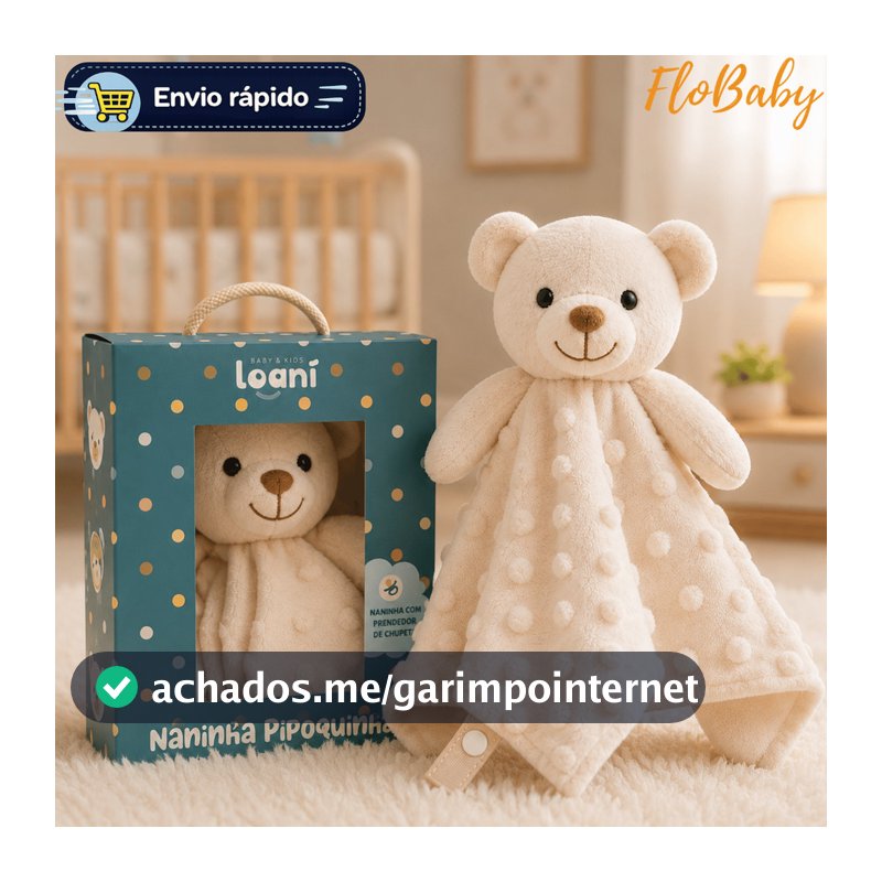 Naninha Bebê Ursinho Pipoquinha com Prendedor de Chupeta - Pelucia Urso Hipoalergenica