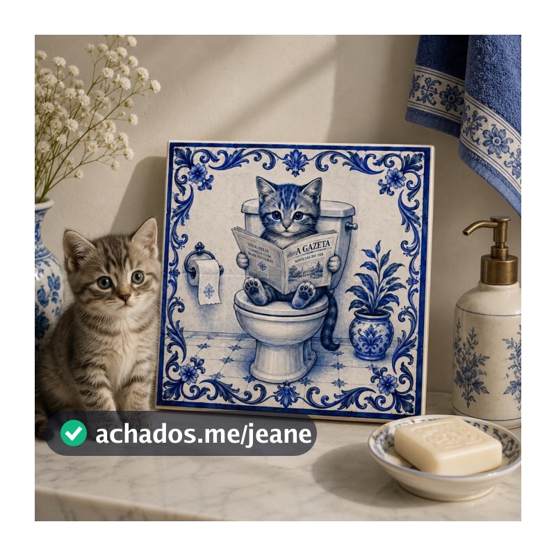 Azulejo Decorativo de Banheiro Gatinho no Vaso - 15x15 Cm