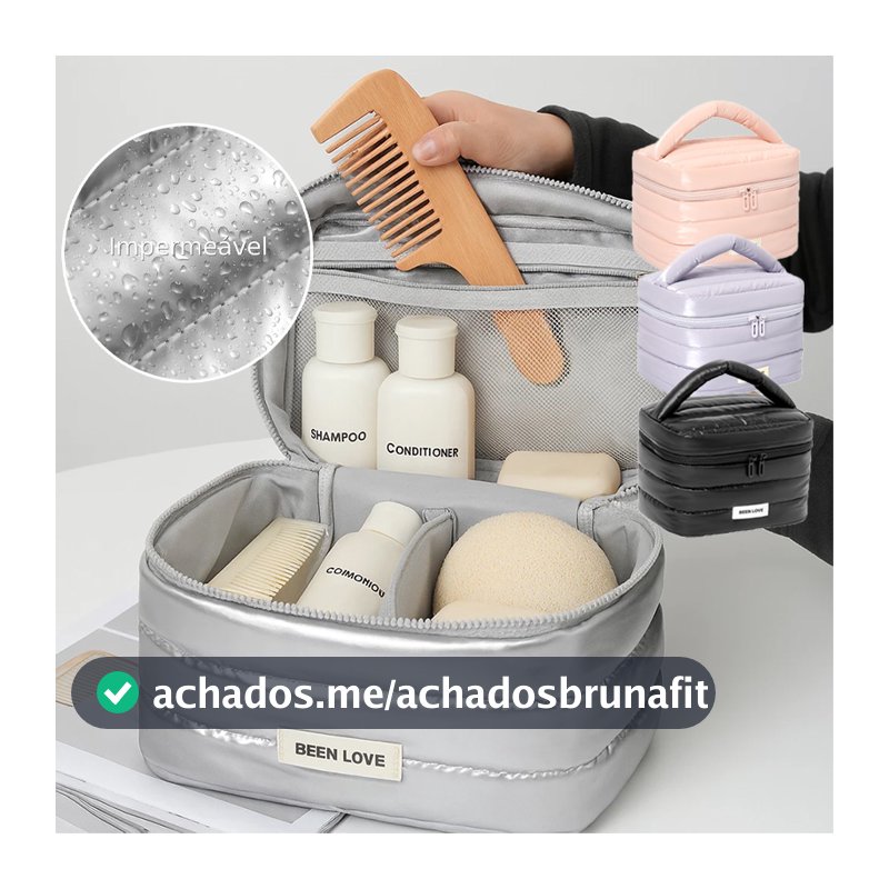 Necessaire Puffer de Viagem Acolchoado Bolsa de Maquiagem Metalizada