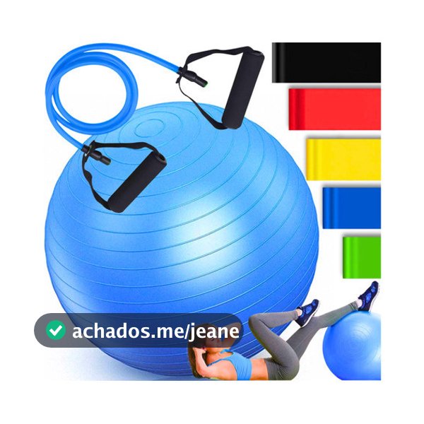 Kit Bola Suiça Pilates Fisioterapia 55cm + 5 Elástico de Exercícios Mini Band + Elástico de Treino Extensor Academia