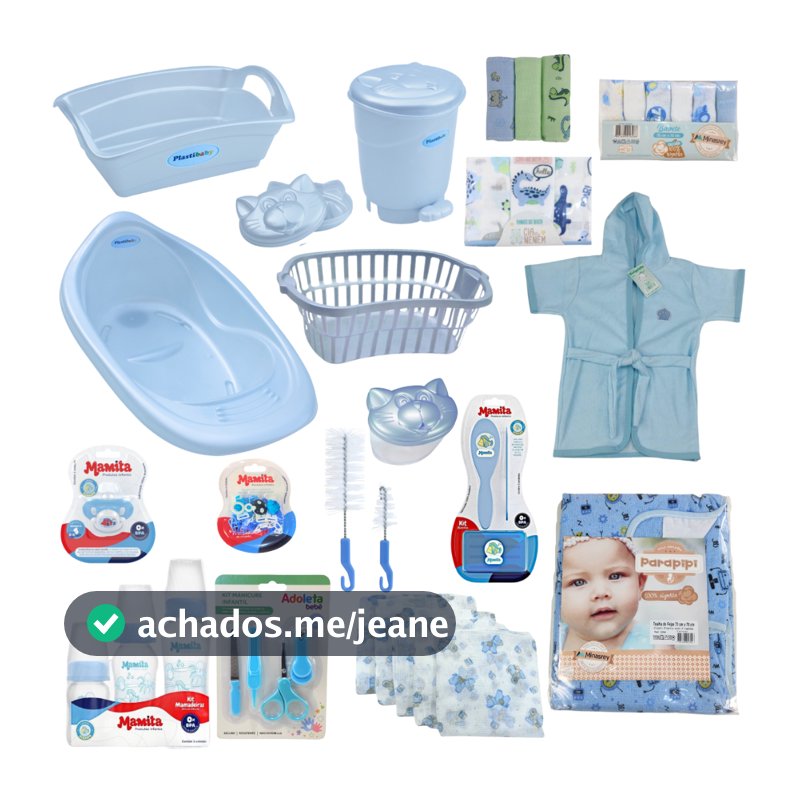 KIT BANHO DO BEBÊ BANHEIRA 22L + ENXOVAL COMPLETO CESTO KIT HIGIENE FRALDAS MAMADEIRAS LIXEIRA E ACESSÓRIOS - AZUL/ROSA