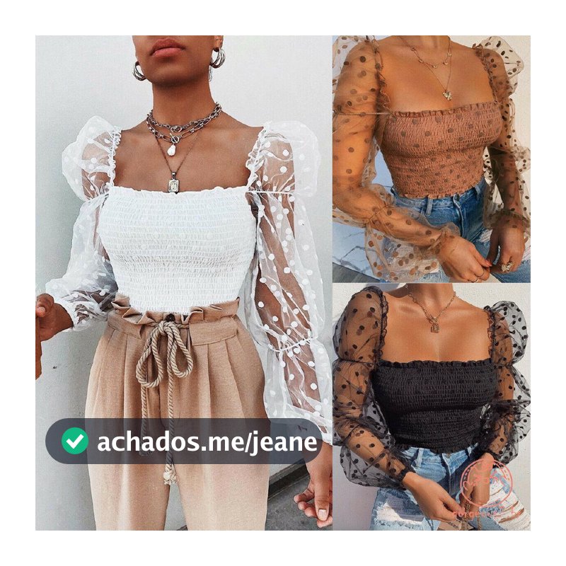 Blusa de Gola em U com Manga Transparente Bufante de Bolinhas/Poá/Patchwork Sexy/Feminina